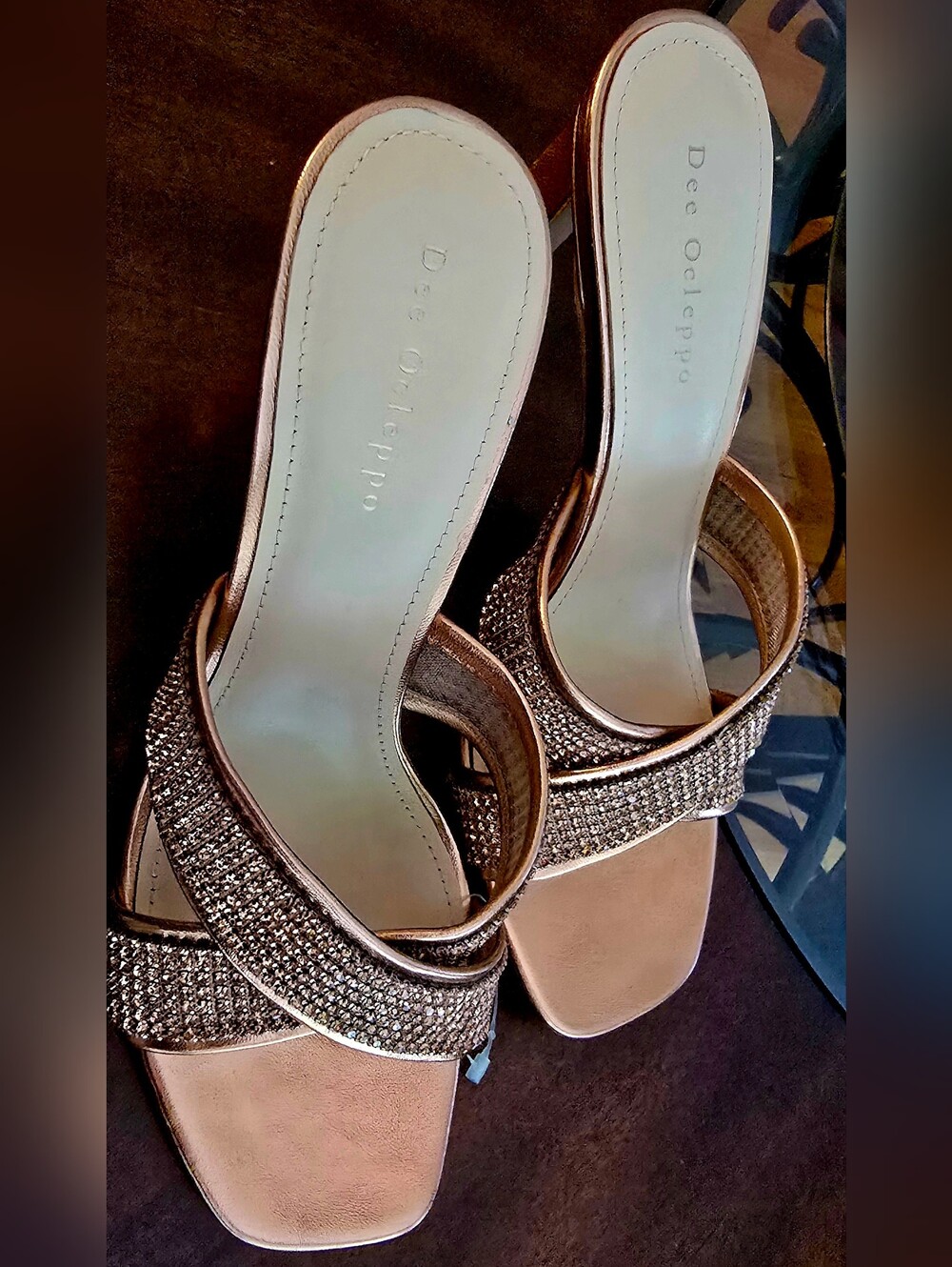 Dee Ocleppo Women's Sz 10 Rose Gold Crystal Slide Heels - Like New - Picture 11 of 12